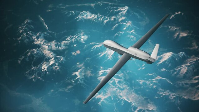 Aerial reconnaissance by military drone. Military drone during in flight operations. Military predator drone flying over mountains. 3d animation