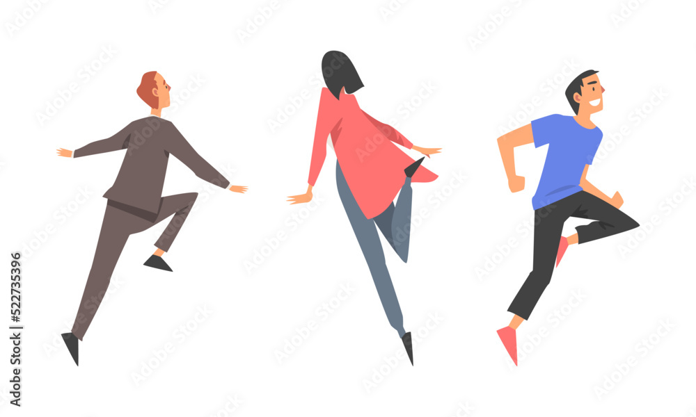 Poster set of happy jumping people. positive rejoicing young man and woman in casual clothes cartoon vector