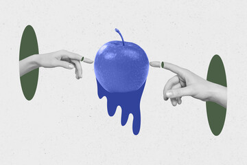 Composite collage picture of two human hands black white gamma point touch finger drawing apple isolated on creative background