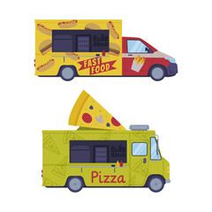 Set of dood trucks. Side view of vans for pizza and fast food selling cartoon vector illustration