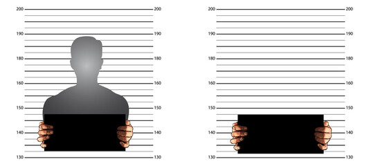 Police background measuring lines mugshot in US standard and banner on two hands
