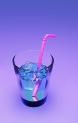 a glass of fresh water with ice cubes a cocktail stick, quench your thirst concept, 3d render