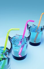 three glasses of fresh water with ice cubes cocktail sticks, party quench your thirst concept, 3d render