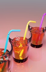 three glasses of fresh juice or cocktail with alcohol with ice cubes cocktail sticks, party quench your thirst concept, 3d render