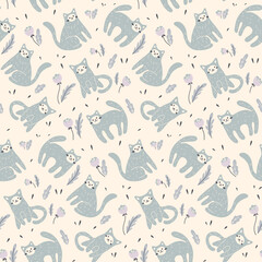 Seamless pattern with hand drawn cats in pastel colors. Cute kids print with blue kittens, flowers in an abstract composition on a white background. Vector illustration.