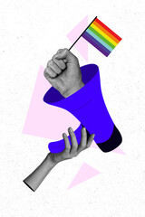 Composite collage illustration of hands hold megaphone lgbt rainbow flag sign fist fight support...