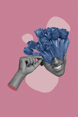 Vertical collage illustration of cheerful guy head black white effect blue tulip flowers face isolated on pink background