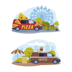 Fototapeta na wymiar Pizza and coffee truck vehicles for selling food in parks, street markets and fairs set cartoon vector illustration