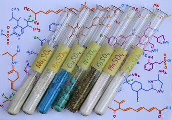Colored inorganic salt are sulfates of metals: sodium, barium, copper, nickel, iron, manganese, and zinc. In test tubes on colored formulas of organic substances.