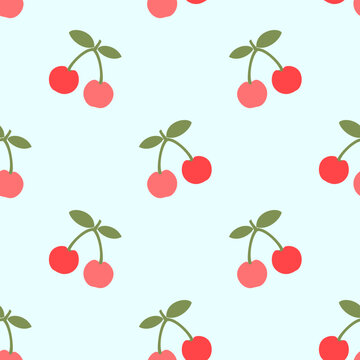 Seamless pattern of cherry fruit with green leaves on green background vector. 