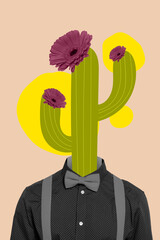 Vertical collage banner of man cactus instead head black white color isolated on painting beige...
