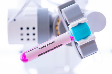 Corticosteroid. Test tube with artificial hormone in robot hand Corticosteroid