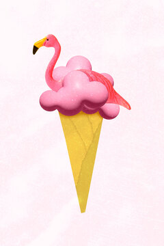 Photo artwork minimal picture of tasty yummy ice cream cone flamingo decor inside isolated drawing background