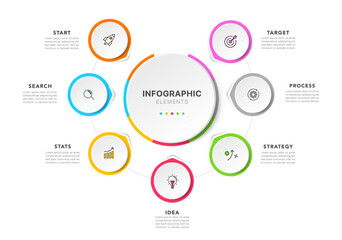 Obraz premium Timeline circle infographic design with 7 options or steps. Infographics for business concept. Used for presentations workflow layout, banner, process, diagram, flow chart, info graph, annual report.