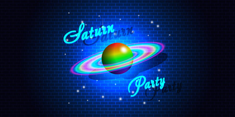 Vector bright holiday poster. Saturn party. 3d rainbow planet with luminous rings and stars against a dark brick wall © GAlexS