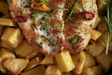 Macro close-up of grilled chicken breast cooked with three different colors chili peppers and aromatic herbs. Baked potatoes on the background.