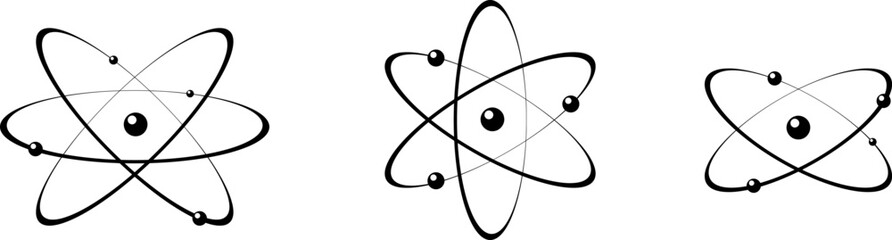 Atom icon in flat design. Molecule symbol or atom symbol isolated on white background. - obrazy, fototapety, plakaty