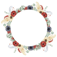 Watercolor frame with anemone flowers, eucalyptus and monstera leaves. Hand drawn illustration