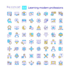 Learning modern professions RGB color icons set. Professional education. Isolated vector illustrations. Simple filled line drawings collection. Editable stroke. Quicksand-Light font used
