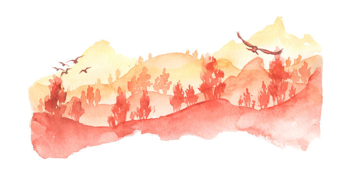 Isolated watercolor fall trees, bird and landscape elements in red, orange, yellow, beige colors. High resolution