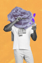 Vertical collage illustration of guy black white colors hold use telephone touch sunglass rose...
