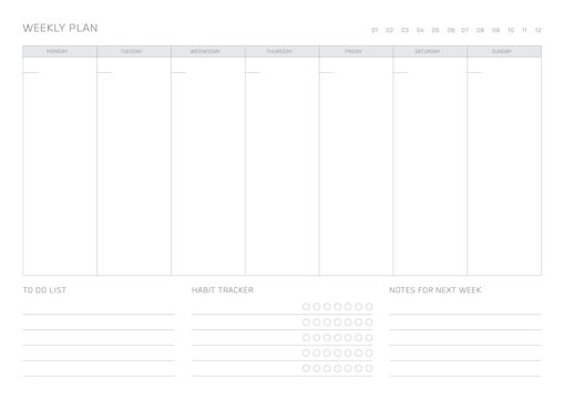 Note, scheduler, diary, calendar planner document template illustration. Weekly plan form.