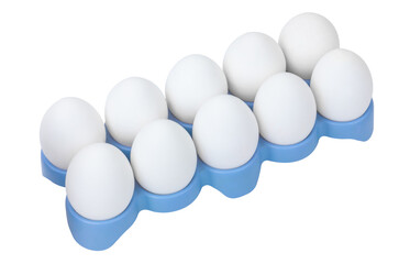 A dozen chicken eggs isolated on a white background. Tray of chicken eggs.