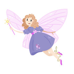 Cute Fairy with magic stick. Princess with pink wings in cartoon style. Beatiful little lilac girl for kids