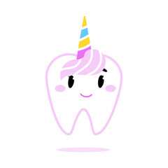 Unicorn Tooth Fairy. Cute Tooth with horn for dental care banner.
