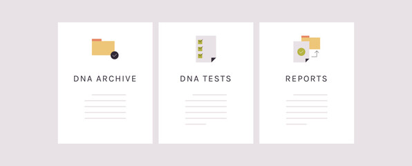 Dna archive, dna tests and reports web banners and simple different elements flat vector illustration.