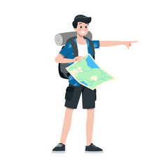 Young happy man tourist flat cartoon character. Traveling male people on summer vacation trip, Isolated on white background.