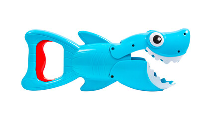 Children's toy shark. Shark with open mouth. Toy shark isolated on white background.