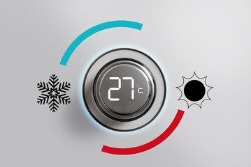 Air conditioning button at 27 degrees of temperature. Saving energy. Restriction and limitation of...
