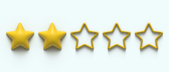 Two gold stars from five. Five 5 star rank sign. Ranking system. 3d ranger glossy golden stars sticker icon rating isolated on background. Service rating, achievement, review symbol. Classification