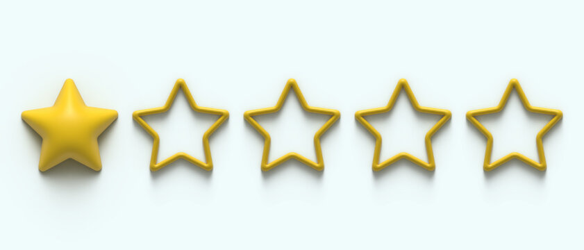 One gold stars from five. Five 5 star rank sign. Ranking system. 3d ranger glossy golden stars sticker icon rating isolated on background. Service rating, achievement, review symbol. Classification