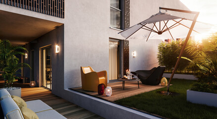 Residential building terrace advertisement premium rendering no people