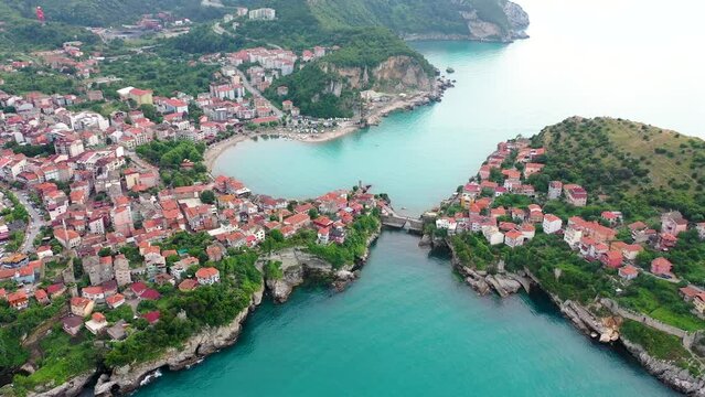 Beautiful cityscape on the mountains over Black-sea, Amasra. Amasra traditional Turkish architecture
