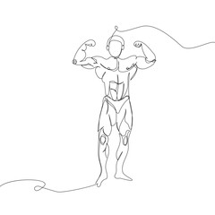 Bodybuilder posing one line art. Continuous line drawing sport, fitness, man, musculature, strength, gym, competition, physical education, athlete torso, weightlifting, muscles.