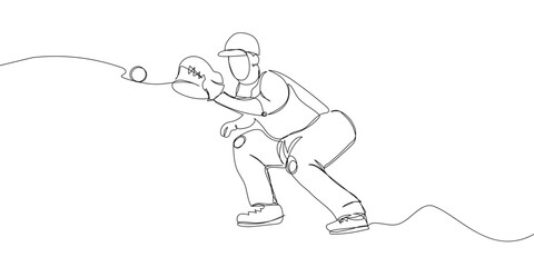 Baseball player pitcher, catcher one line art. Continuous line drawing sport, team game, catch ball, baseball glove, man, boy, baseball uniform, leisure, hobby.