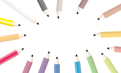 Colorful pencils on white background template.