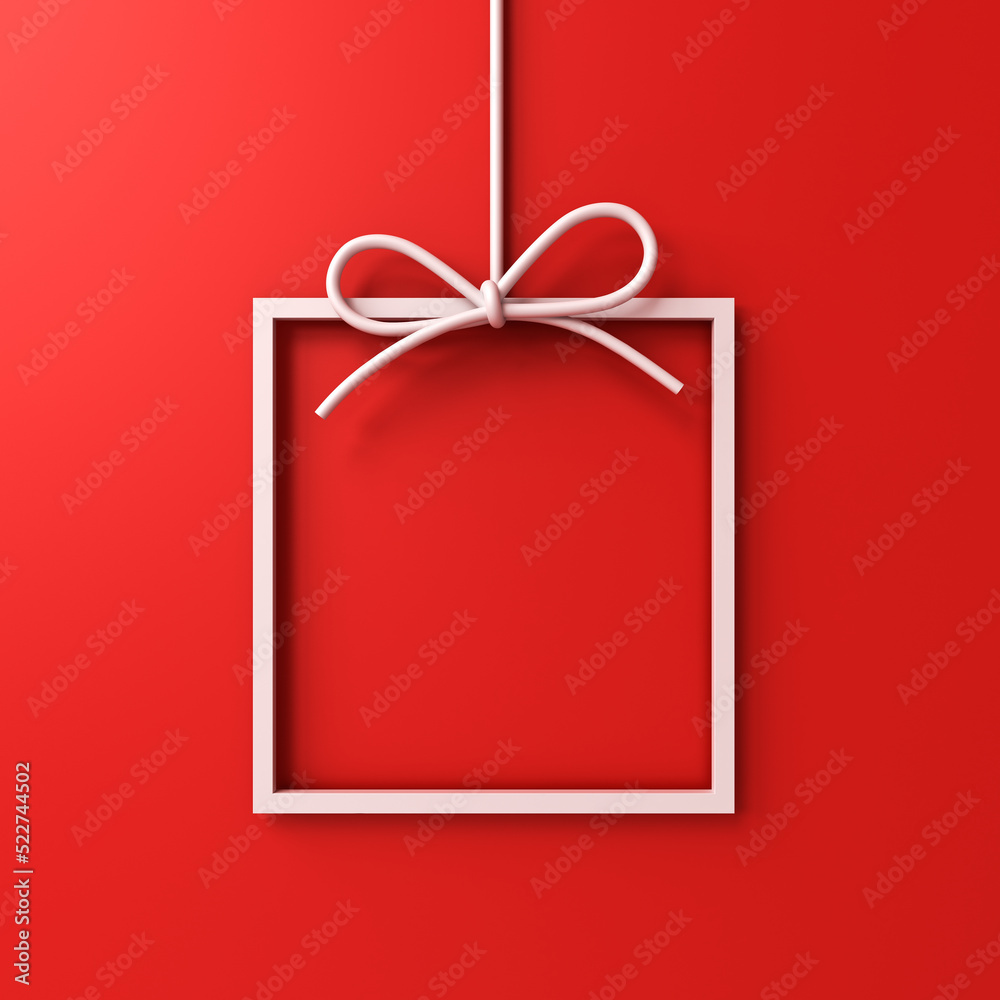 Poster Hanging gift box frame border isolated on red background with shadow minimal conceptual 3D rendering