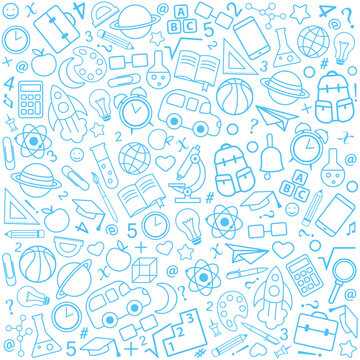 Back to school seamless pattern from education, science objects