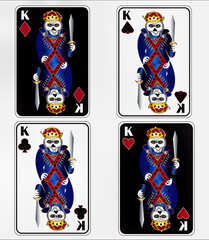 Fun skeleton King playing card images in all four suits, hearts, spades, diamonds, and clubs.  Red, white, blue, and gold colors make up this abstract kind of skeleton image.