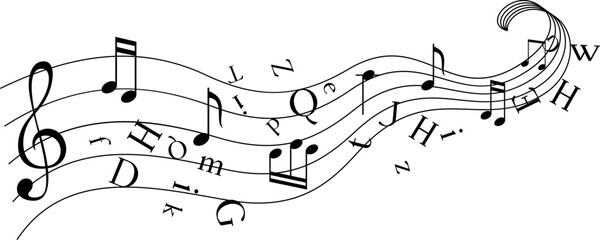 Music notes with flying letters. Vector decoration from scattered elements. Monochrome isolated silhouette. Conceptual illustration.