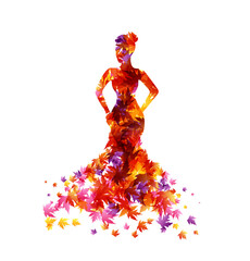 Woman with dress from colorful autumn leaves. Vector decoration from scattered elements. Colorful isolated silhouette. Conceptual illustration.