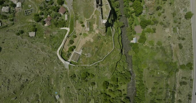 Top View Of Khertvisi Fortress In Khertvisi Village Of Aspindza Municipality, Southern Georgia. Aerial Drone Shot