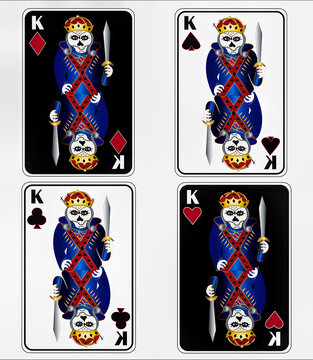 Fun skeleton King playing card images in all four suits, hearts, spades, diamonds, and clubs.  Red, white, blue, and gold colors make up this abstract kind of skeleton image.