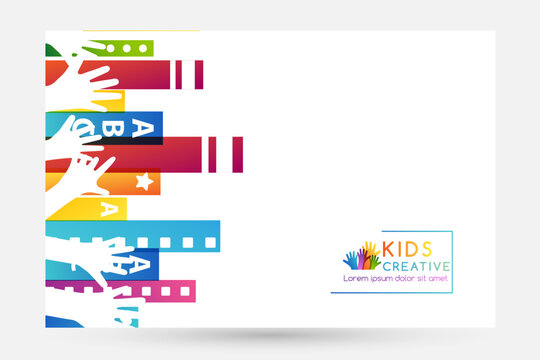 Colorful books with children hands up. Horizontal banner. Kids creative conceptual vector illustration.