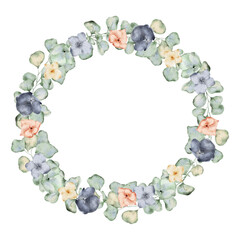 Watercolor wreath with anemone flowers, eucalyptus and monstera leaves. Hand drawn illustration