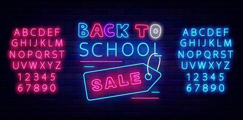 Back to school sale neon signboard. Shiny pink and blue alphabet. Shopping typography design. Vector illustration